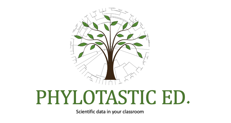 Circular Phylogeny overlaying a Brown and Green tree atop the words 'Phylotastic Ed.' in green atop the words 'scientific data in your classroom' in dark grey
